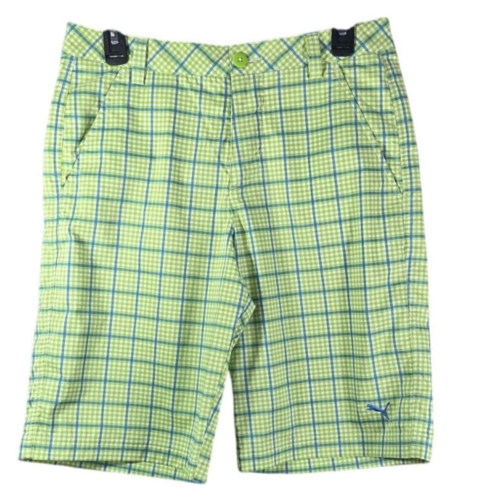 Puma Shorts Mens 30 Green Blue Plaid‎ Golfing Cell Pockets Chino